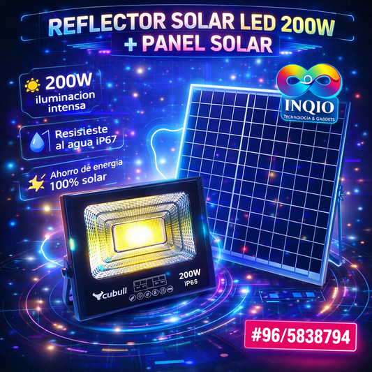 Reflector Solar LED 200W IP67 con Panel Solar – Luz Exterior Impermeable Alta Potencia