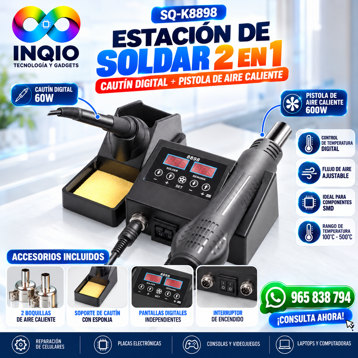 🔥 Estación de Soldadura 2 en 1 con Pistola de Aire Caliente SEISA SQ-K8898