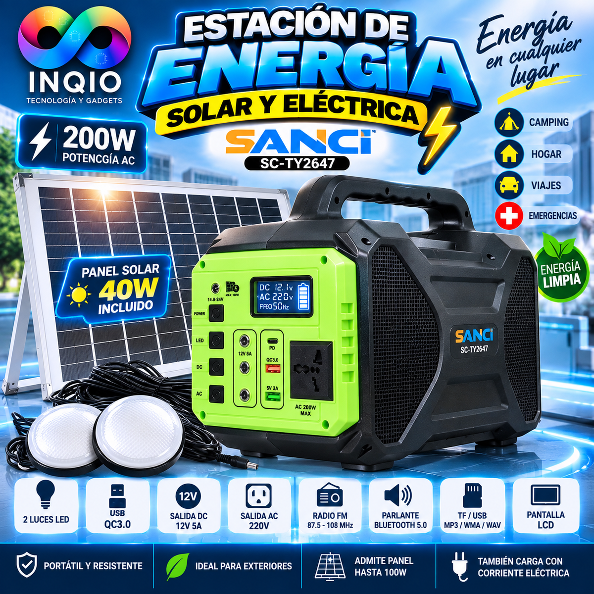 Estación de Energía Solar SANCi 200W + Panel 40W + Parlante ,Bluetooth, Radio FM