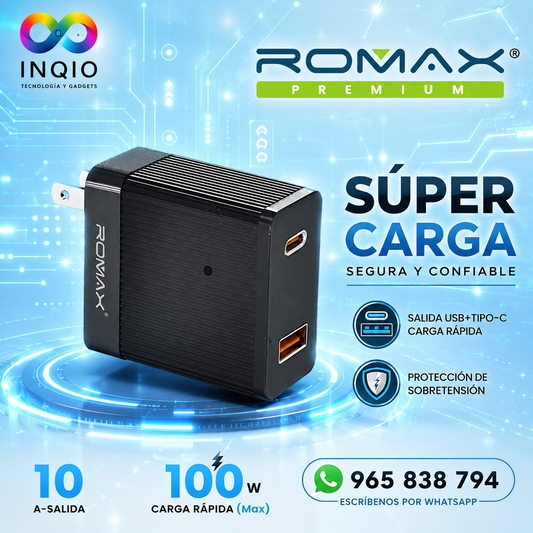 Cargador ROMAX 100W Carga Rápida USB + Tipo C PD QC para Celular y Laptop