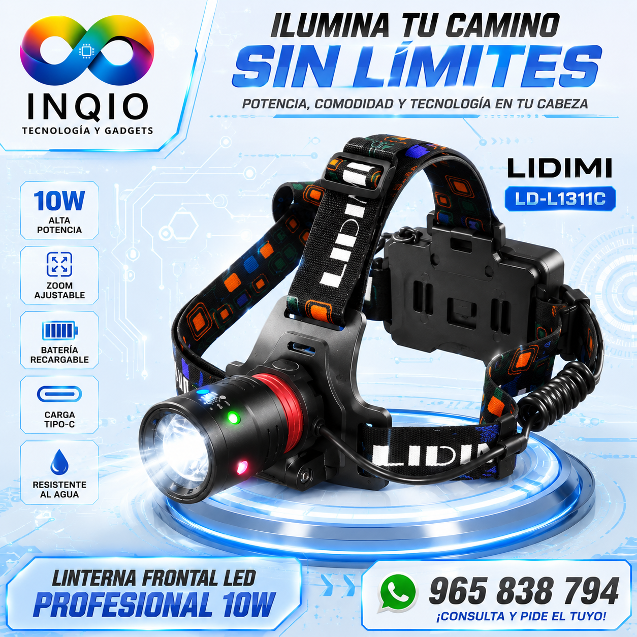 🔦 Linterna Frontal LED LIDIMI LD-L1311C 10W Recargable USB-C con Zoom