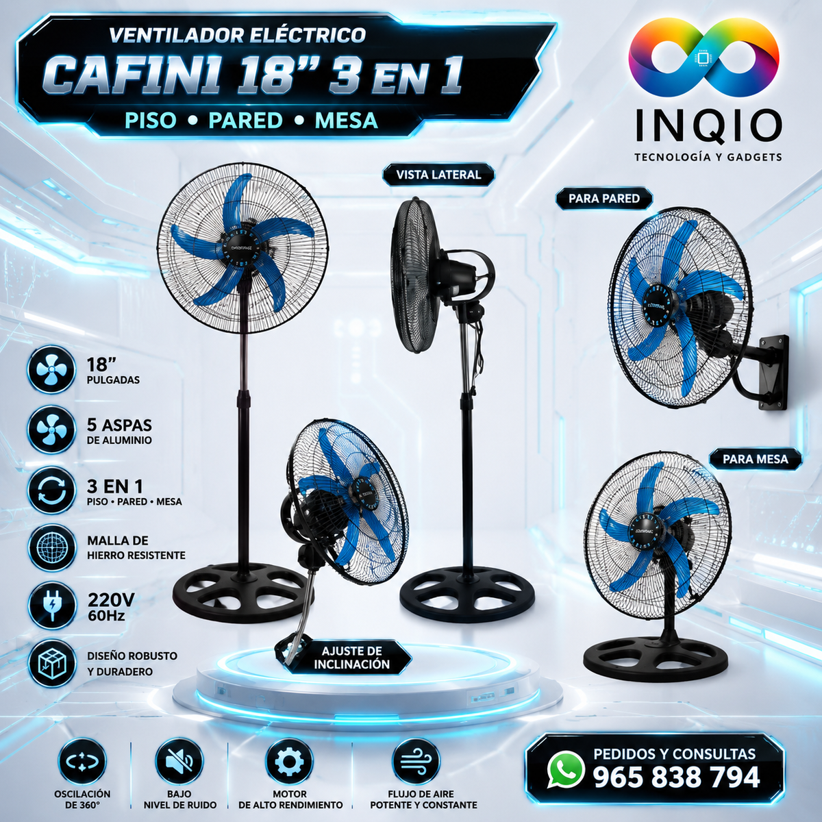 🔥 Ventilador eléctrico Cafini 18” 
3 en 1 – Piso, pared y mesa
