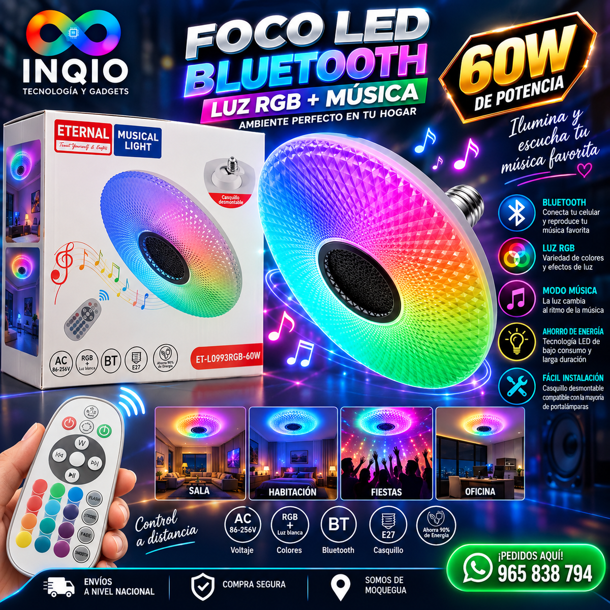 Foco LED RGB 60W Bluetooth con Parlante | Luz RGB + Música