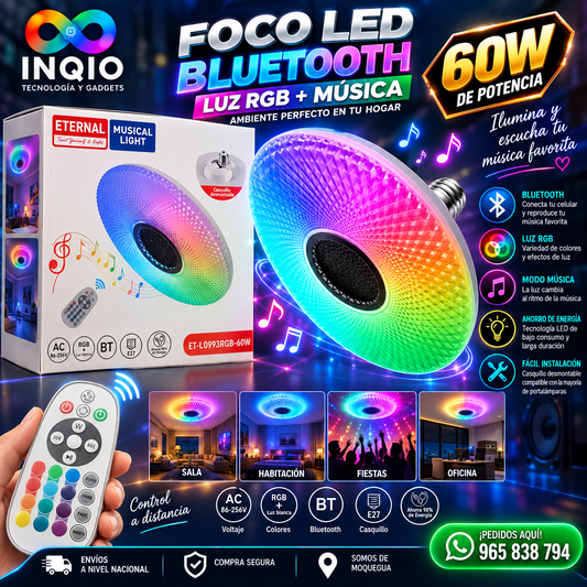 Foco LED RGB 60W Bluetooth con Parlante | Luz RGB + Música