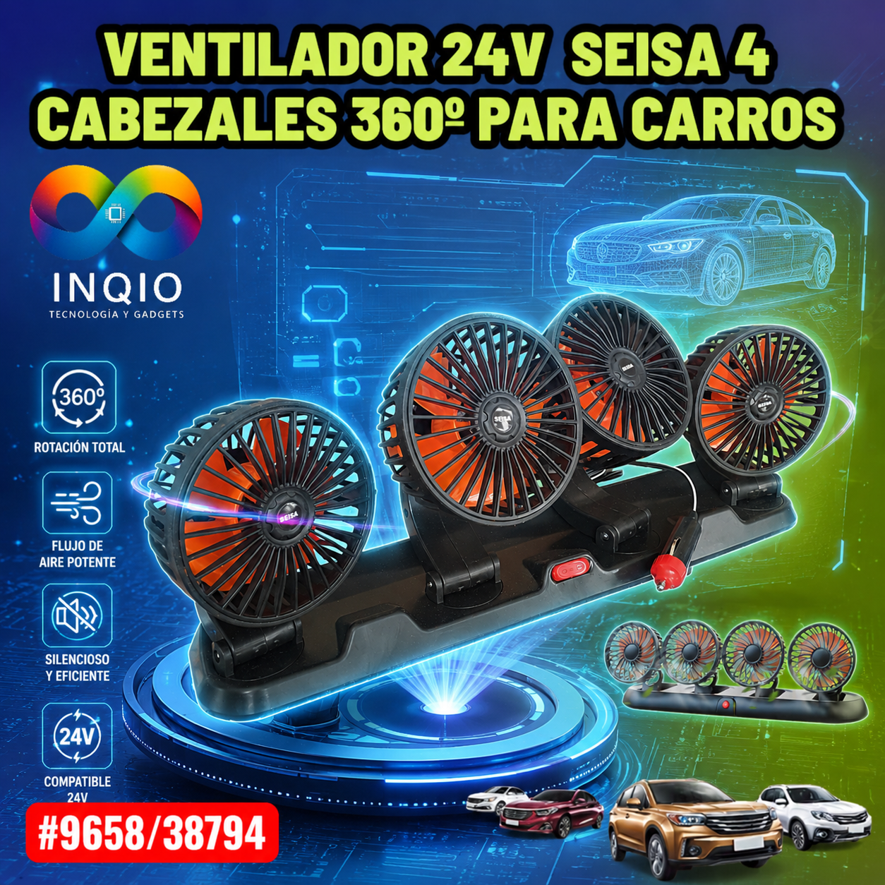 Ventilador 24V SEISA Cuádruple 4 Cabezales 360° para Camión Bus Auto | Potente Motor Cobre