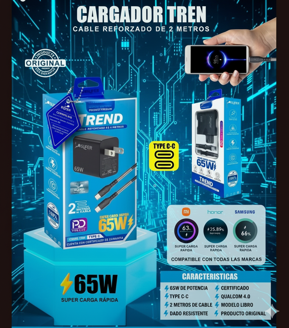 Cargador 65W Super Carga Rápida | Tipo C a C 2M Reforzado