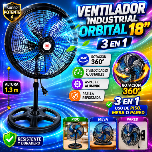 🔥 Ventilador Industrial Orbital 18” 3 en 1 | Rotación 360° | Súper Potente 💨