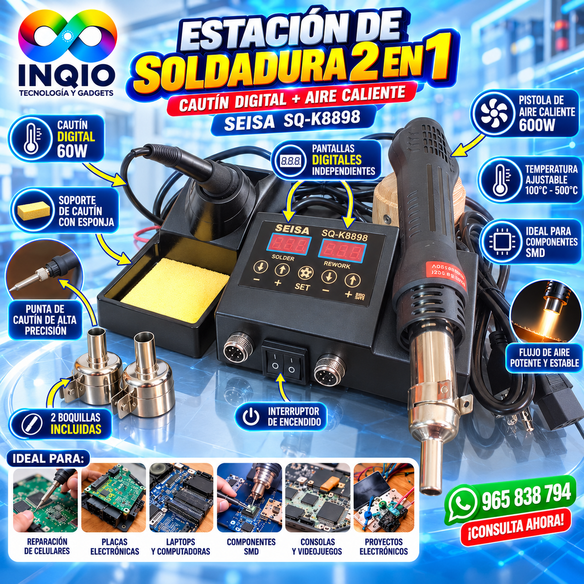 🔥 Estación de Soldadura 2 en 1 con Pistola de Aire Caliente SEISA SQ-K8898