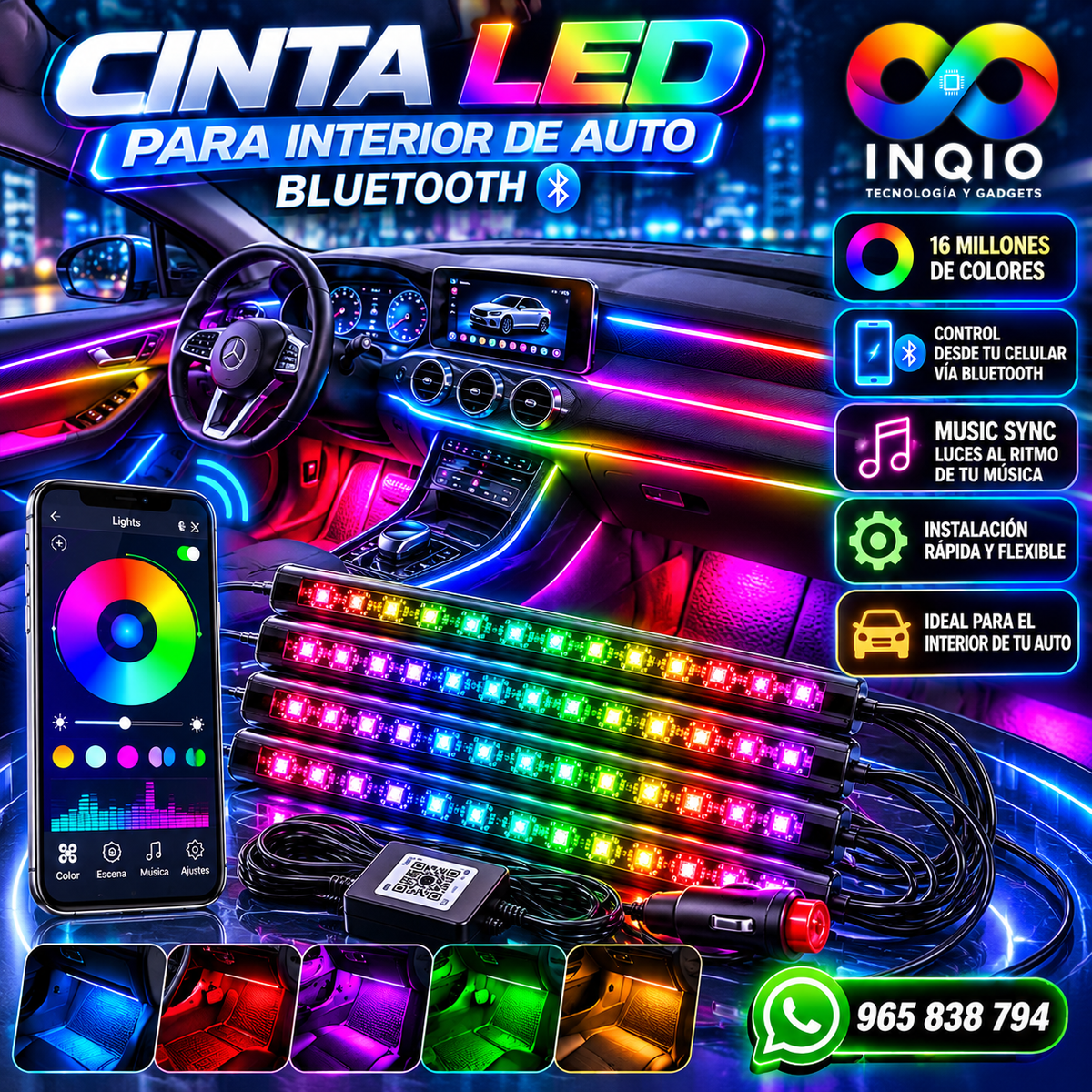 ✨ Cinta LED para Interior de Auto Bluetooth 🚗💡