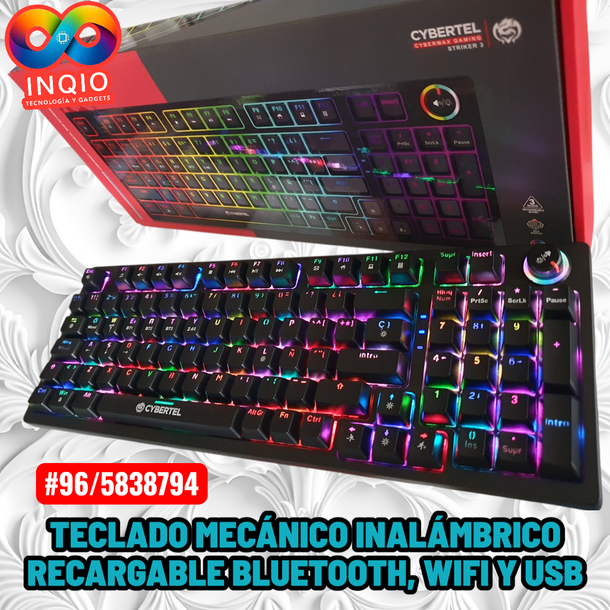 Teclado Mecánico Gamer Inalámbrico Cybertel Striker 3 RGB 96 Teclas | Bluetooth 2.4G WiFi y Cable USB-C