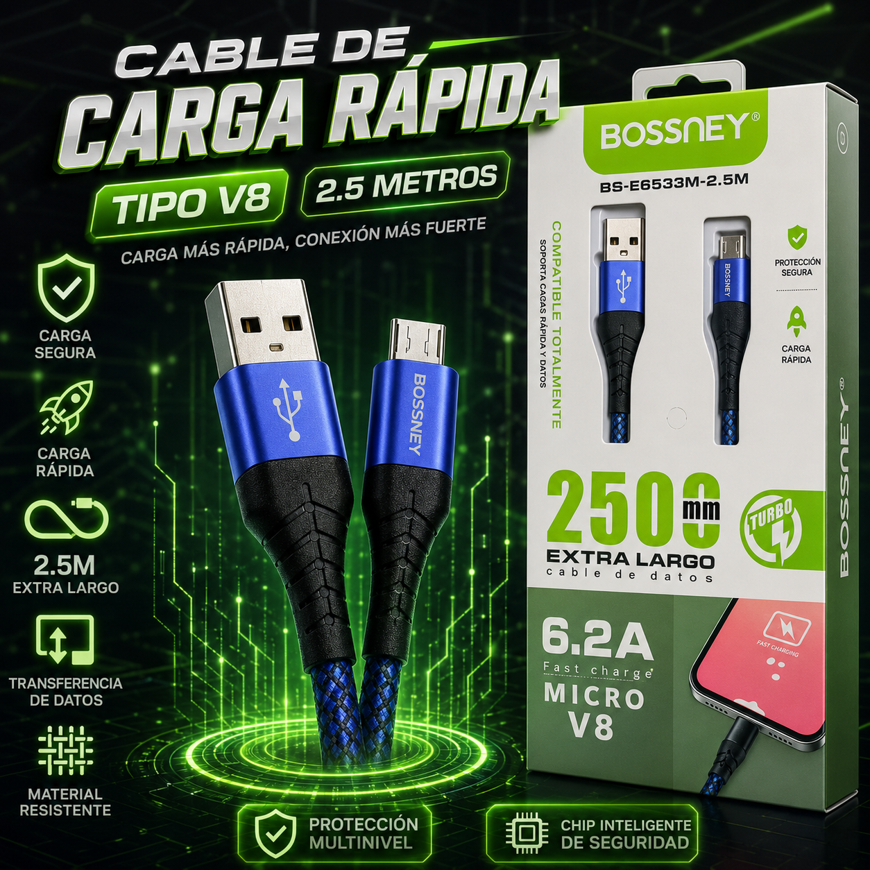 🔌 Cable de Carga Rápida V8 2.5 Metros 6.2A Turbo ⚡