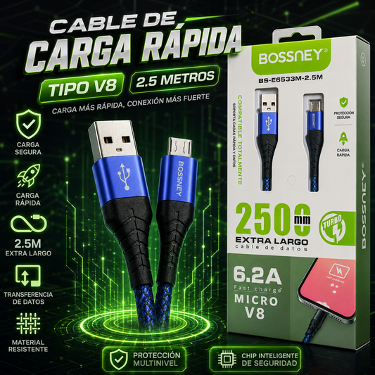 🔌 Cable de Carga Rápida V8 2.5 Metros 6.2A Turbo ⚡