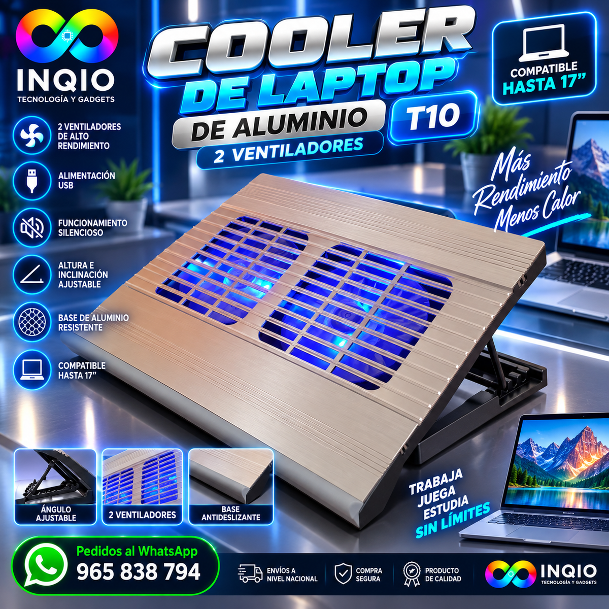 Cooler para Laptop de Aluminio T10 | 2 Ventiladores USB hasta 17”