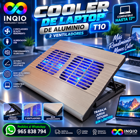 Cooler para Laptop de Aluminio T10 | 2 Ventiladores USB hasta 17”