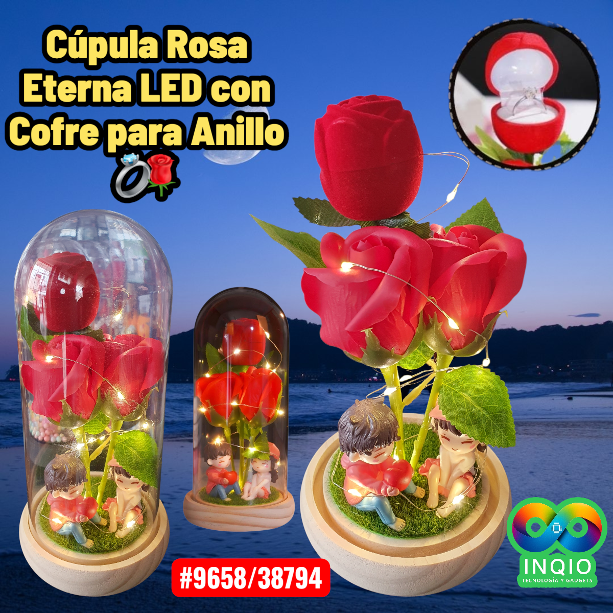 Cúpula Rosa Eterna LED con Cofre para Anillo. Regalo Romántico Premium