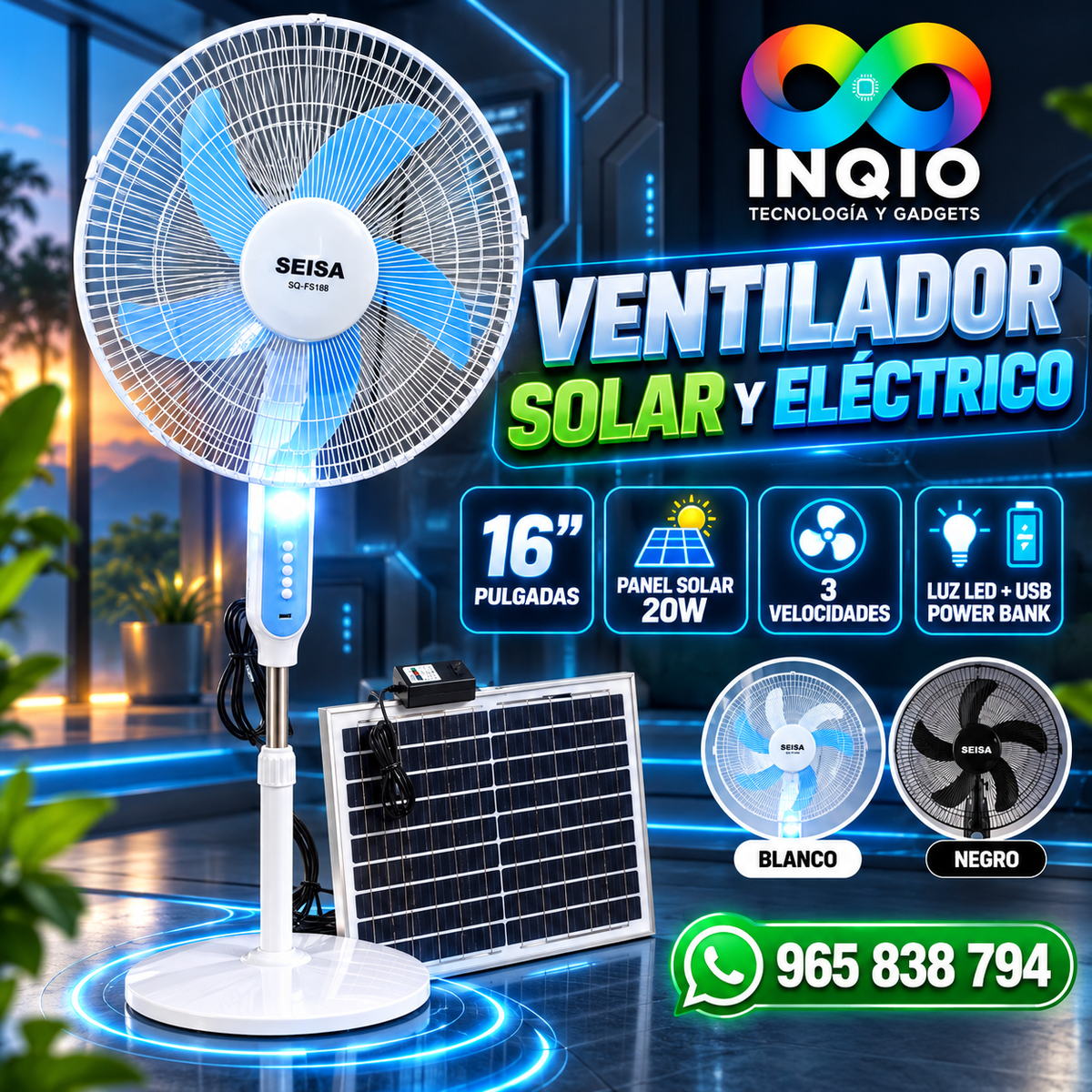 Ventilador Solar y Eléctrico 16 Pulgadas con Power Bank, Cargador USB para Celular y Luz LED