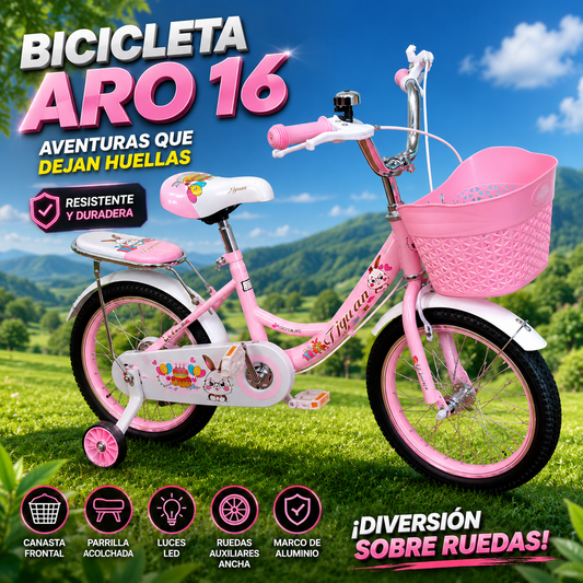 Bicicleta Aro 16 de Aluminio con Luces, Canasta, Parrilla Acolchada y Ruedas Auxiliares
