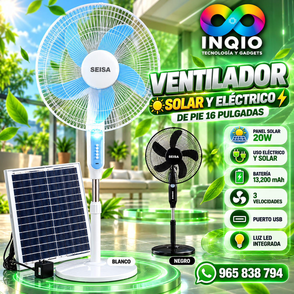 Ventilador Solar y Eléctrico 16 Pulgadas con Power Bank, Cargador USB para Celular y Luz LED