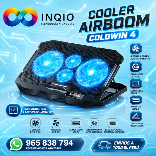 Cooler para Laptop Airboom Coldwin 4 | Base Refrigerante 4 Ventiladores LED USB 17"