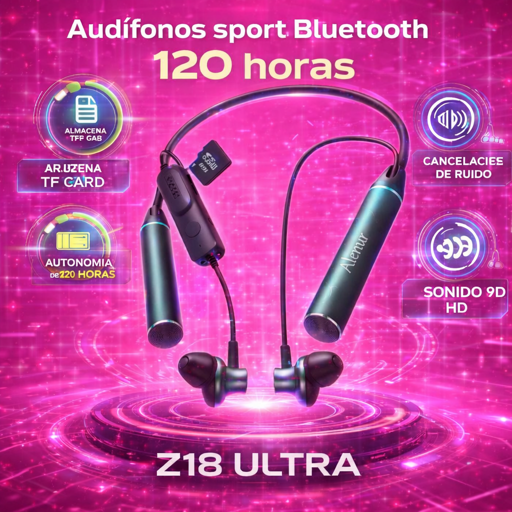 Audífonos Sport Bluetooth 120 Horas Z18 Ultra | Sonido 9D HD, Cancelación de Ruido y Tarjeta TF
