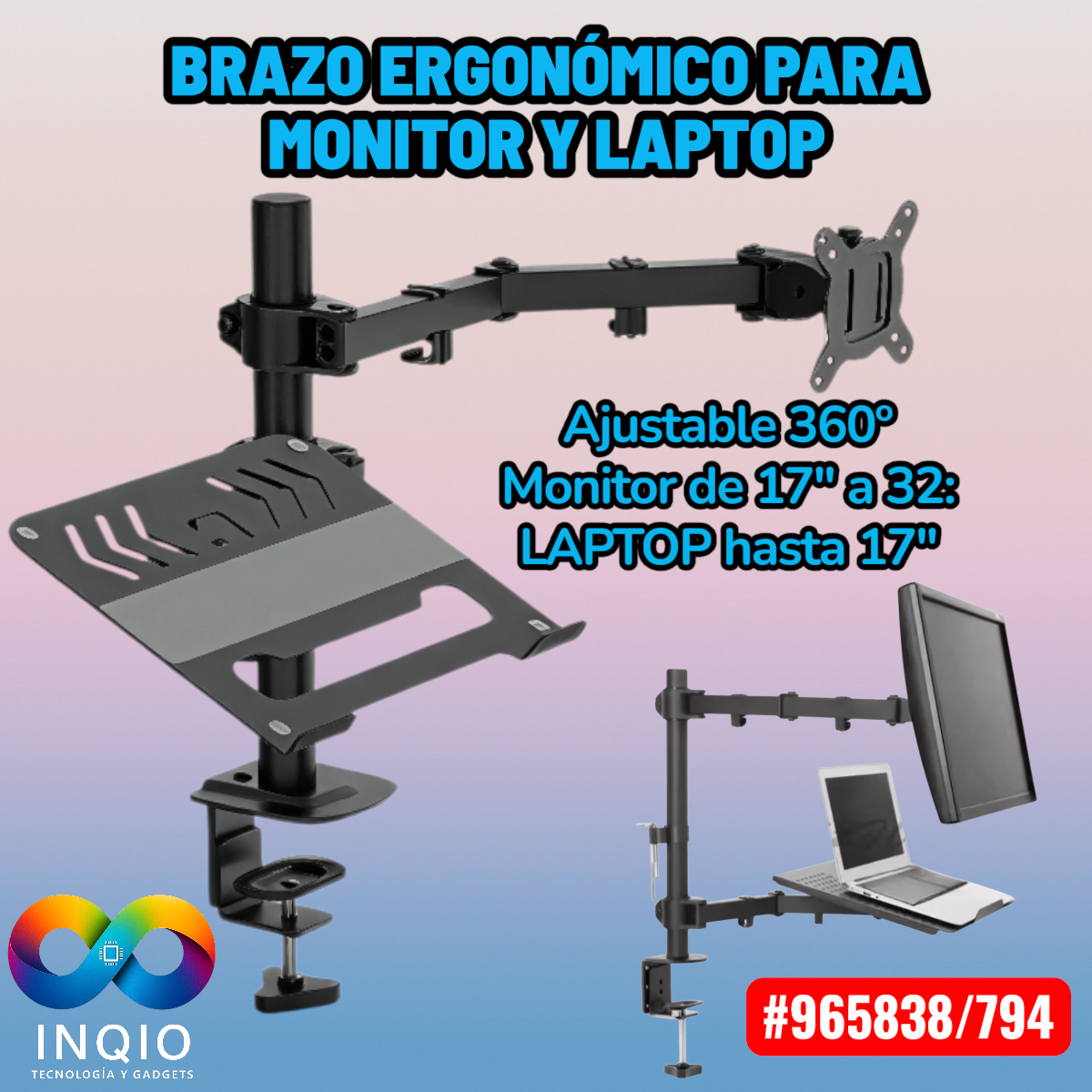 Soporte Dual Monitor + Laptop Brazo Ergonómico para Monitor 32” y Laptop 17” | Ajustable 360°
