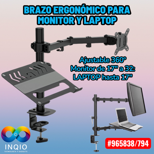 Soporte Dual Monitor + Laptop Brazo Ergonómico para Monitor 32” y Laptop 17” | Ajustable 360°