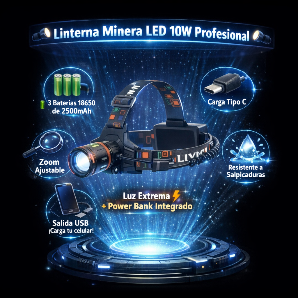 Linterna de Cabeza Minera Poderosa, con Zoom Ajustable | Recargable Tipo C + 3 Baterías + PowerBank