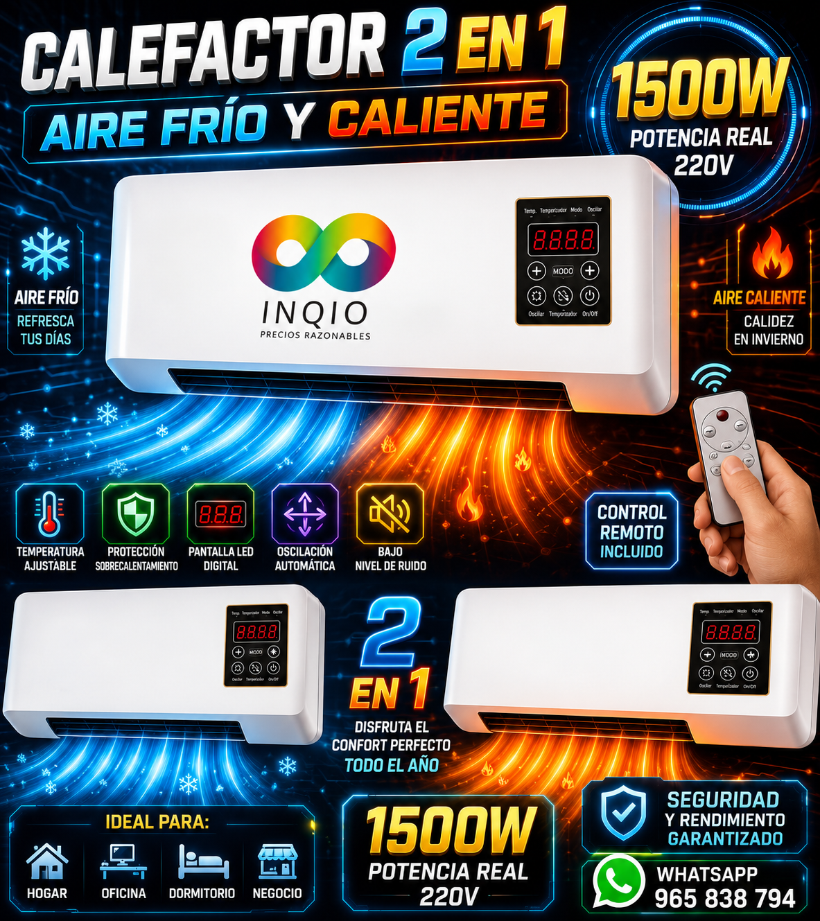 Calefactor Eléctrico 2 en 1 Aire Frío y Caliente 1500W con Control Remoto y Pantalla LED
