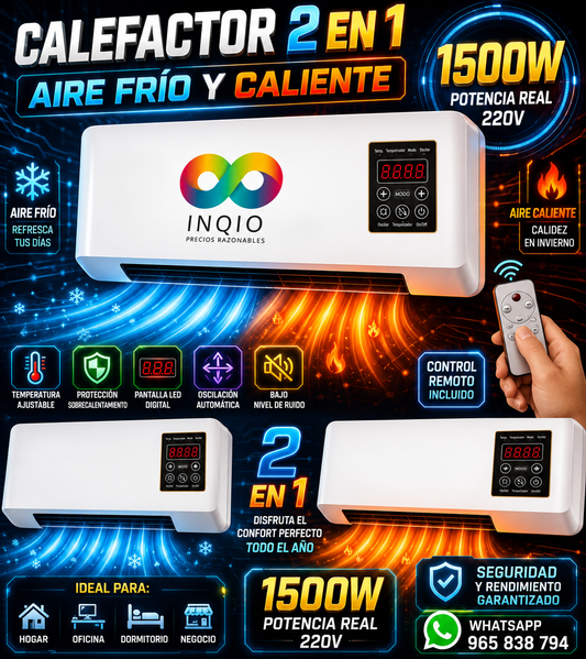 Calefactor Eléctrico 2 en 1 Aire Frío y Caliente 1500W con Control Remoto y Pantalla LED