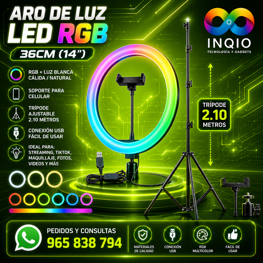 Aro de Luz LED RGB 36cm con Trípode 2.10m para Celular