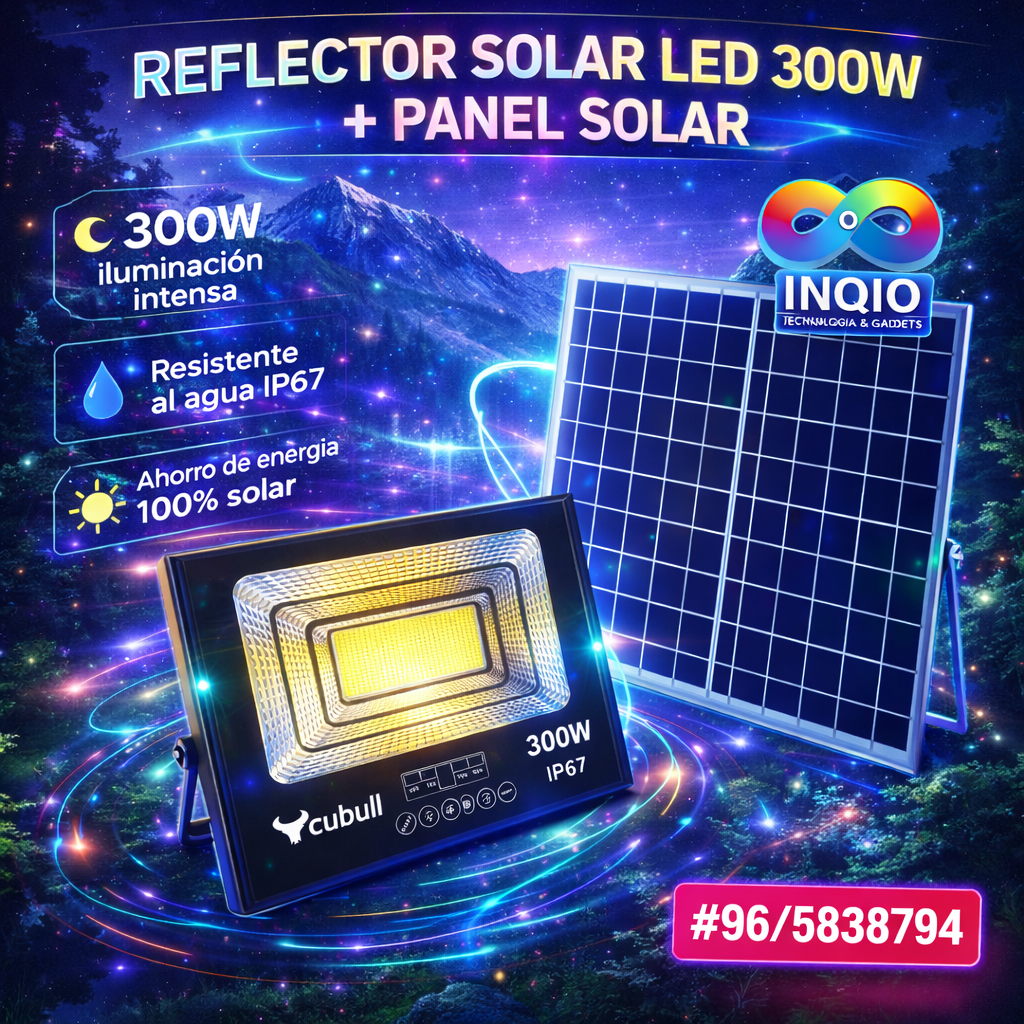 Reflector Solar LED 300W con Panel Solar IP67 – Luz Exterior Impermeable Alta Potencia