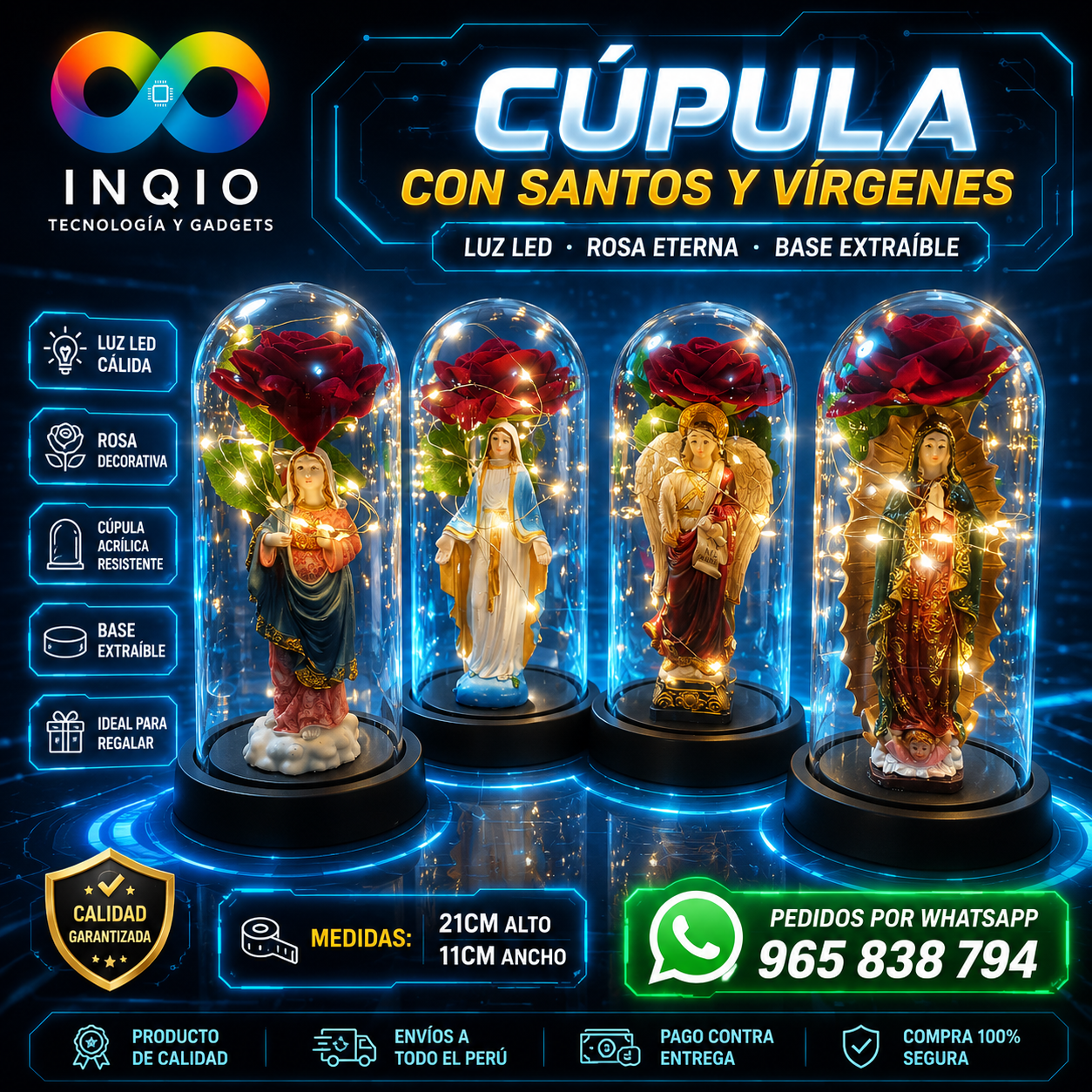 🛐 Cúpula Decorativa con Santos y Vírgenes LED | Rosa Eterna | Base Extraíble | Regalo Religioso