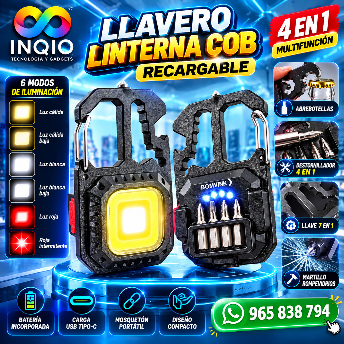 Linterna LED Llavero Recargable Multifunción 4 en 1 + Destornilladores