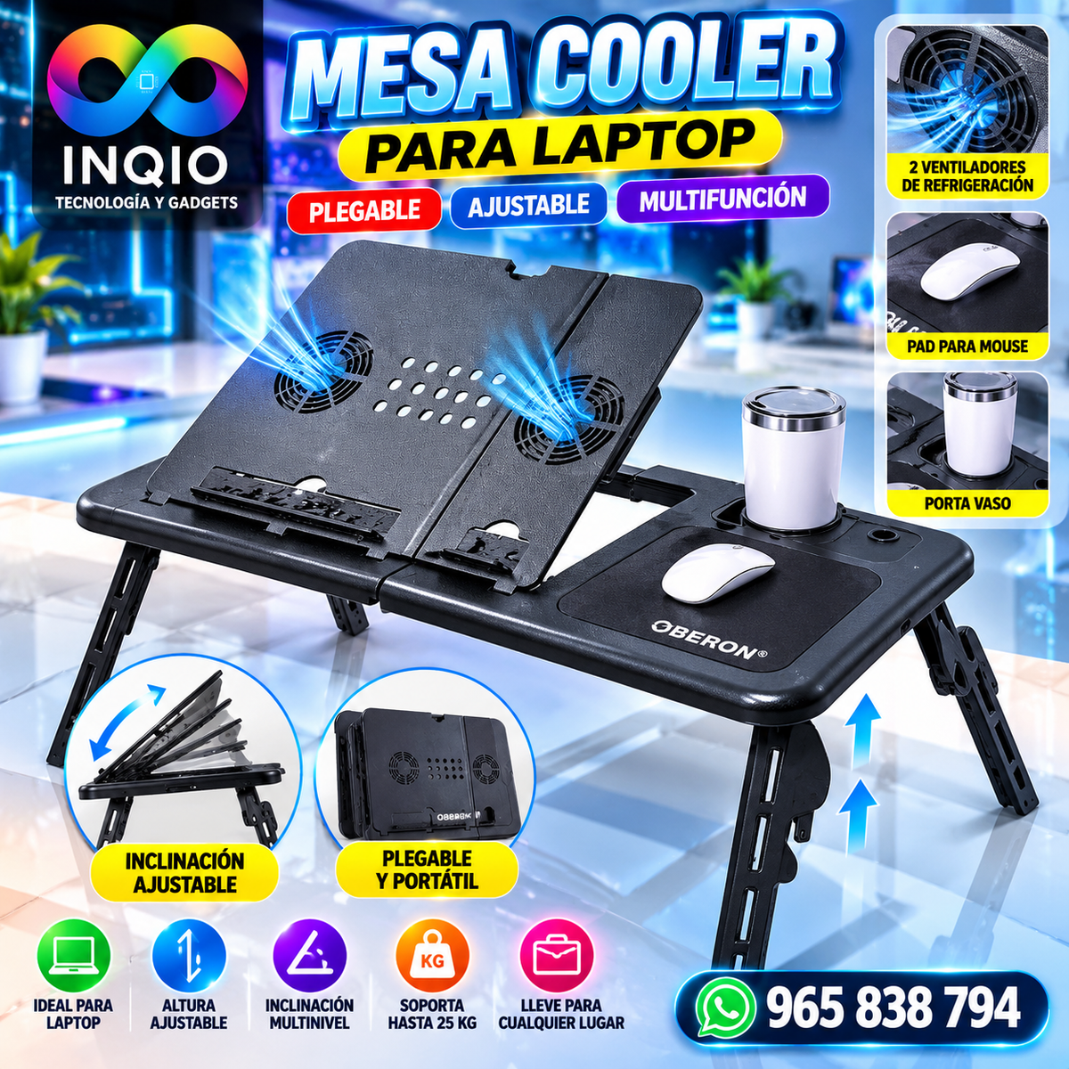 Mesa Cooler Plegable para Laptop con 2 Ventiladores, Pad Mouse y Porta Vaso