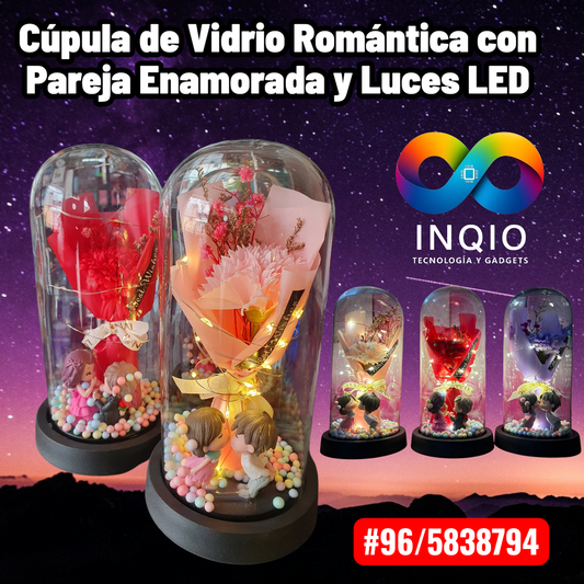Flores Eternas en Cúpula de Vidrio con Pareja y Luces LED | Regalo Romántico