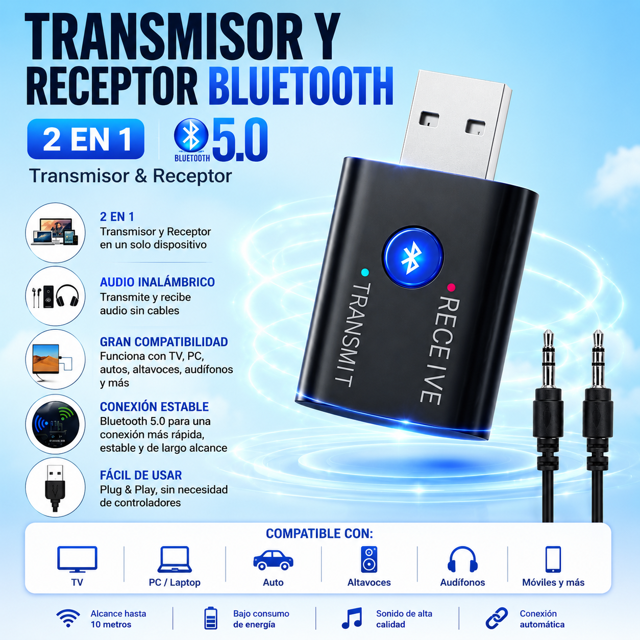 Transmisor y Receptor Bluetooth 5.0 USB 2 en 1 | Audio Inalámbrico para TV, PC, Auto y Audífonos