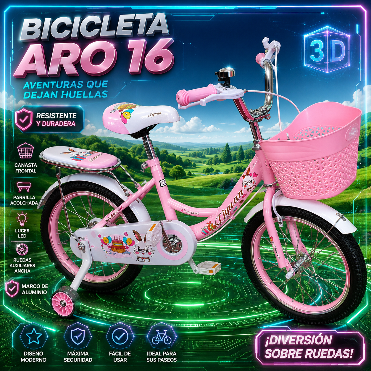 Bicicleta Aro 16 de Aluminio con Luces, Canasta, Parrilla Acolchada y Ruedas Auxiliares