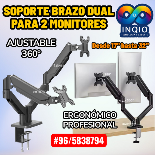 Soporte Dual para Monitores 17”–32” con Pistón a Gas | Brazo Ergonómico Ajustable 360° Profesional