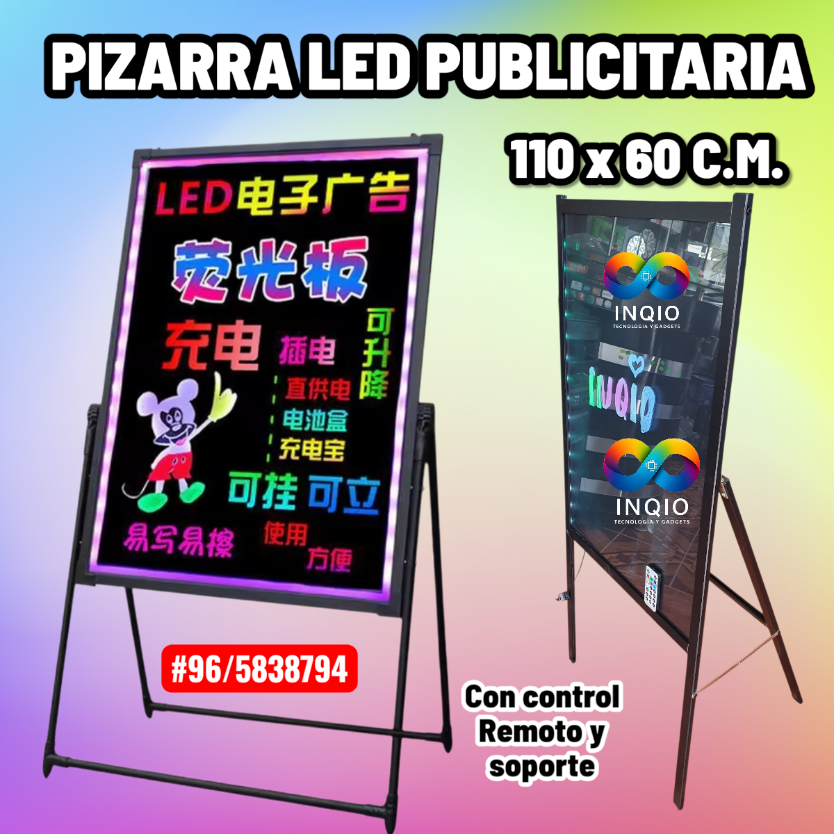 Pizarra LED Publicitaria RGB 110cm con Soporte | Cartel Luminoso para Negocios