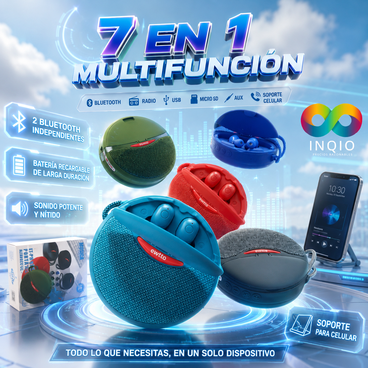 🔊🎧 PARLANTE + AUDÍFONOS BLUETOOTH MULTIFUNCIÓN 7 EN 1 – TODO EN UN SOLO DISPOSITIVO 🔥