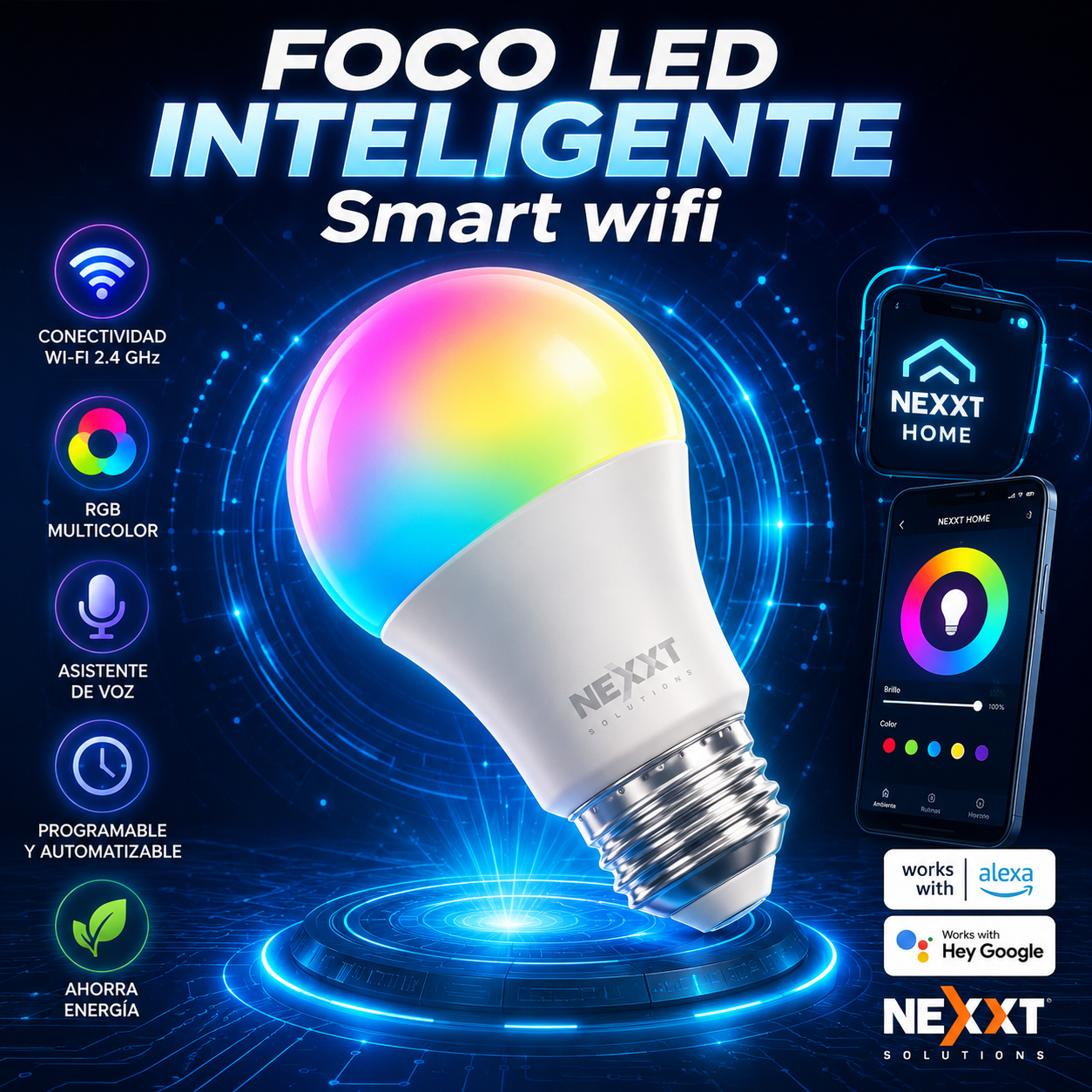 💡 Foco LED Inteligente Smart WiFi RGB Nexxt 9W Compatible con Alexa y Google Assistant
