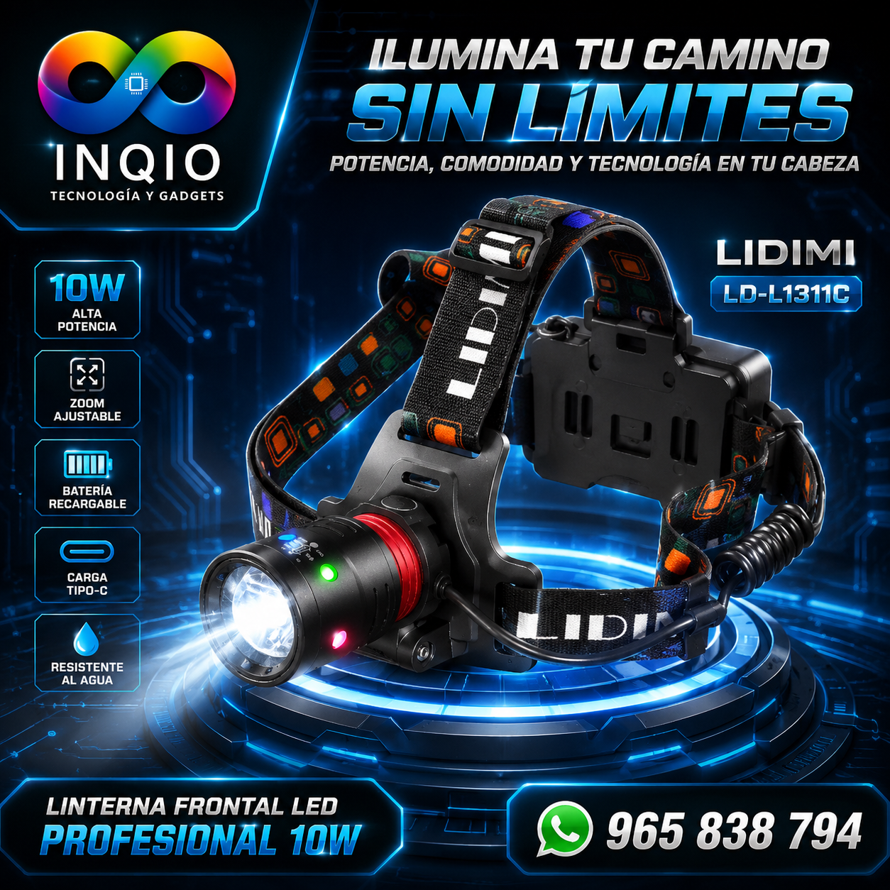 🔦 Linterna Frontal LED LIDIMI LD-L1311C 10W Recargable USB-C con Zoom