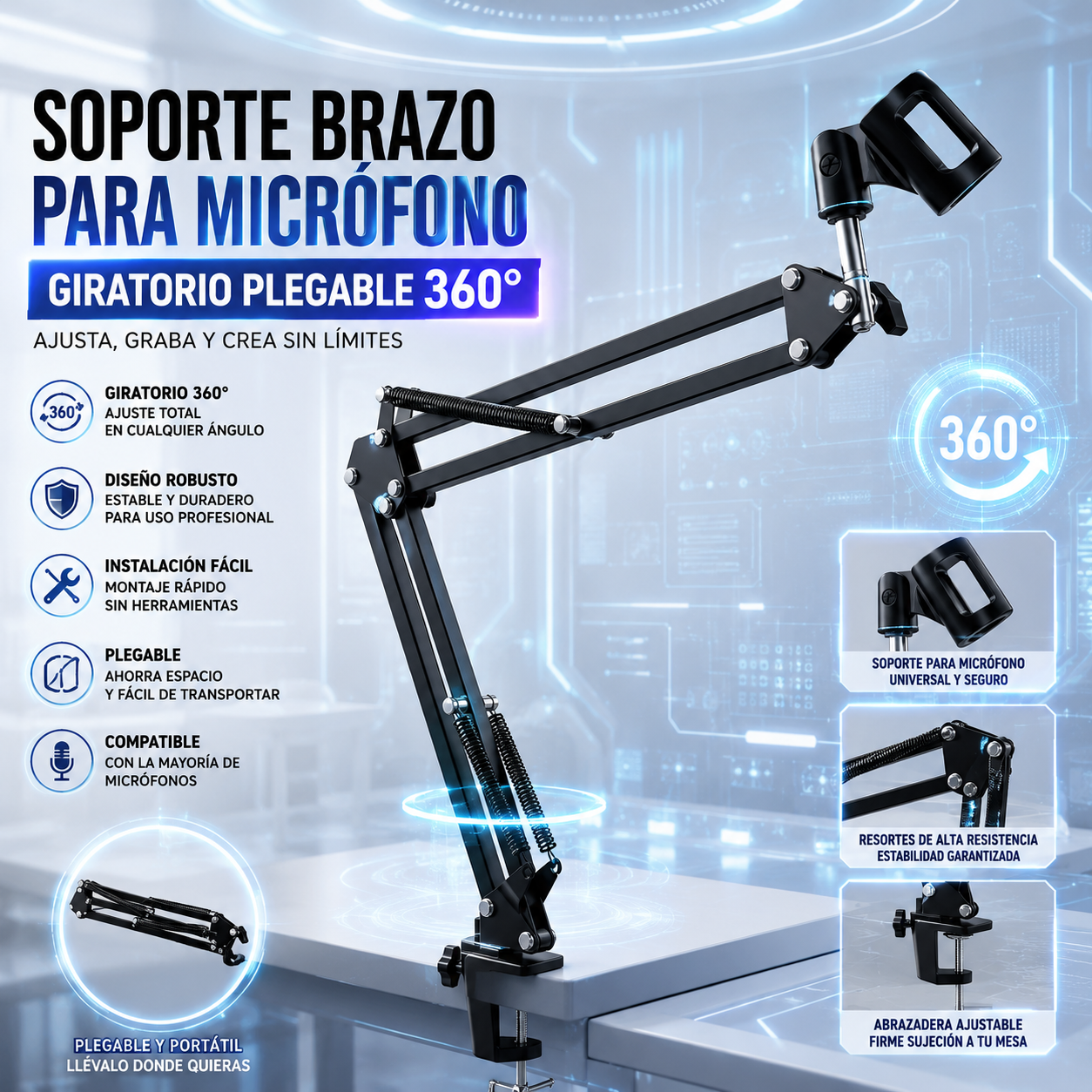 Soporte Brazo para Micrófono Ajustable 360° Plegable Profesional Streaming Podcast