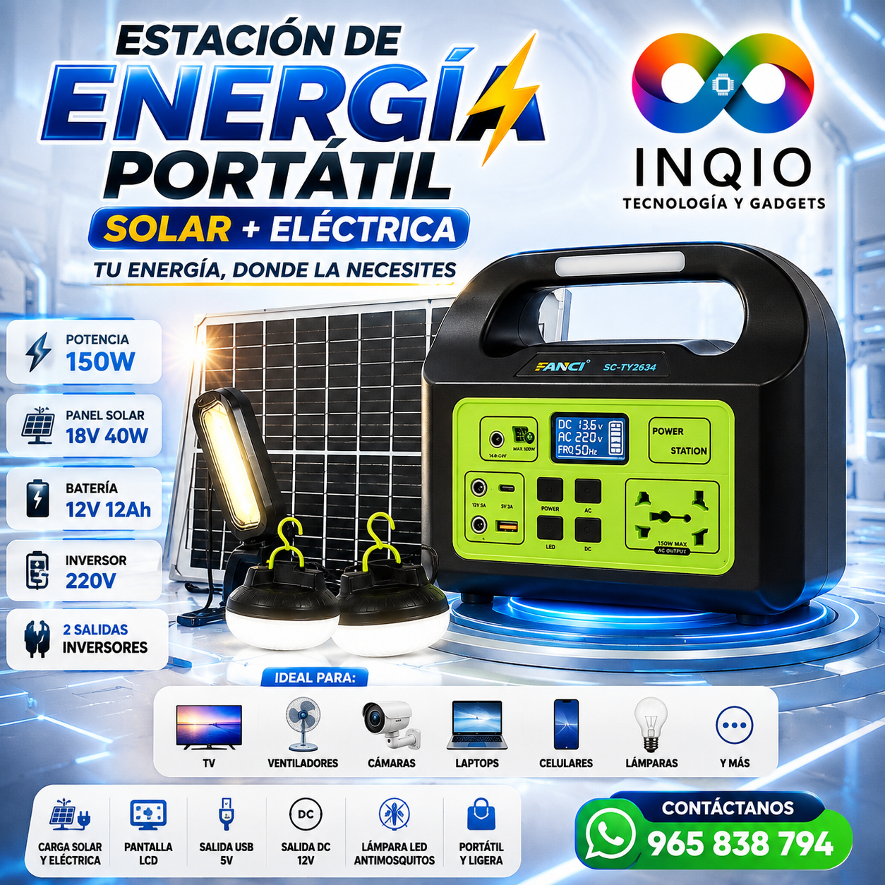 Estación de Energía Portátil 150W Solar + Eléctrica con Inversor 220V y Panel Solar 40W