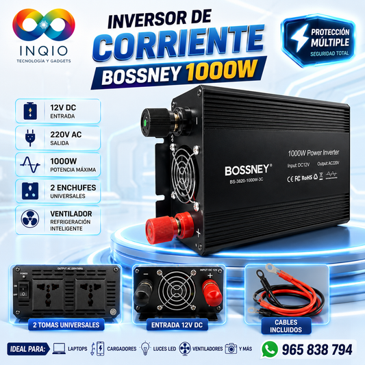 Inversor de Corriente Bossney 1000W 12V a 220V para Auto, Camión y Camping