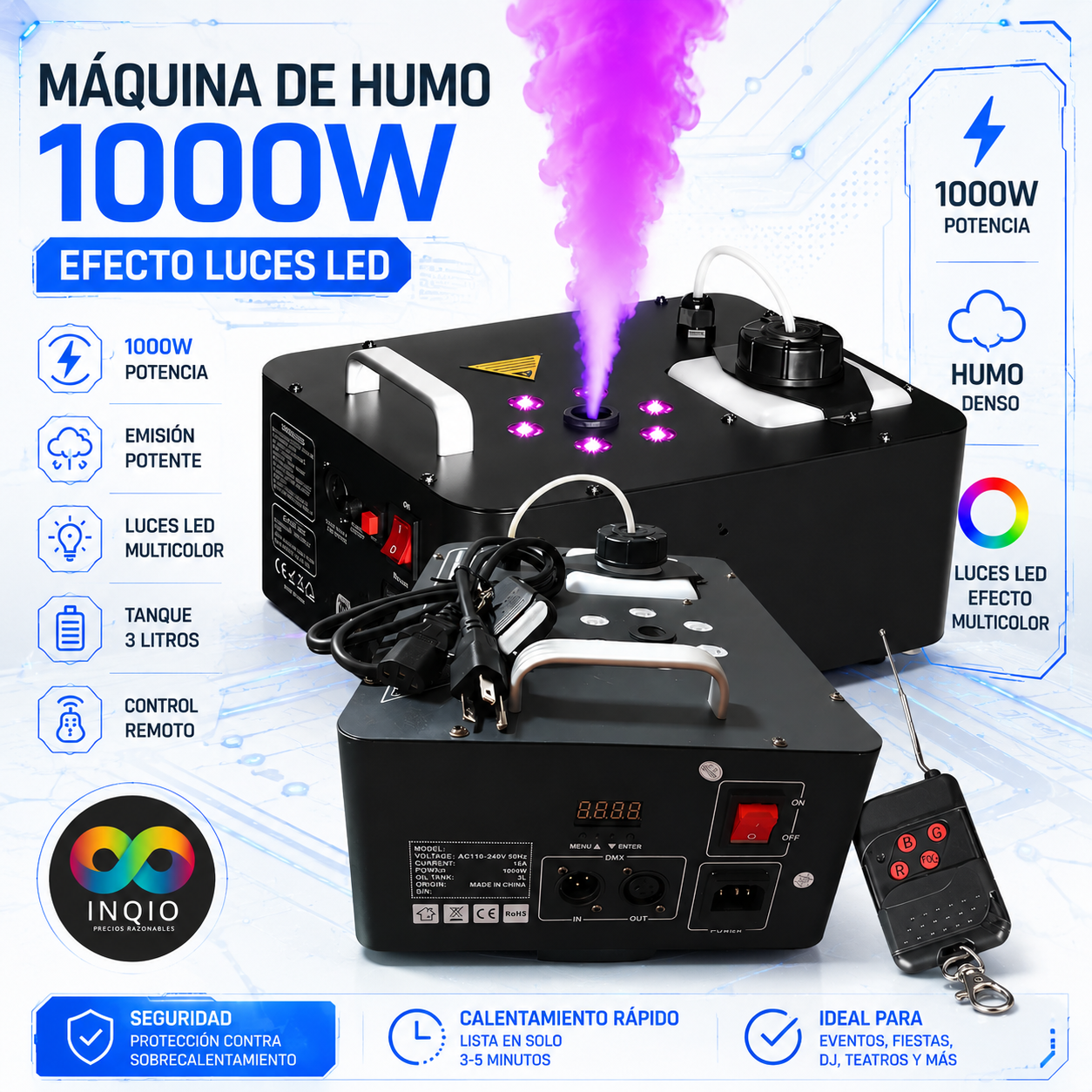 🎮 MÁQUINA DE HUMO 1000W CON EFECTOS DE LUCES LED RGB