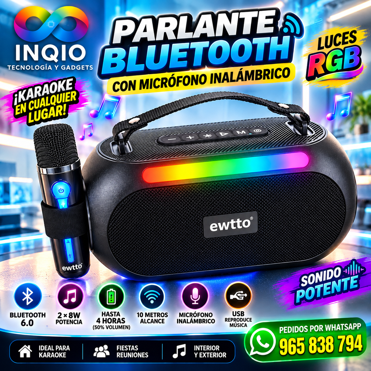 Parlante Bluetooth Potente con Micrófono Inalámbrico y Luces RGB 🎤🔊