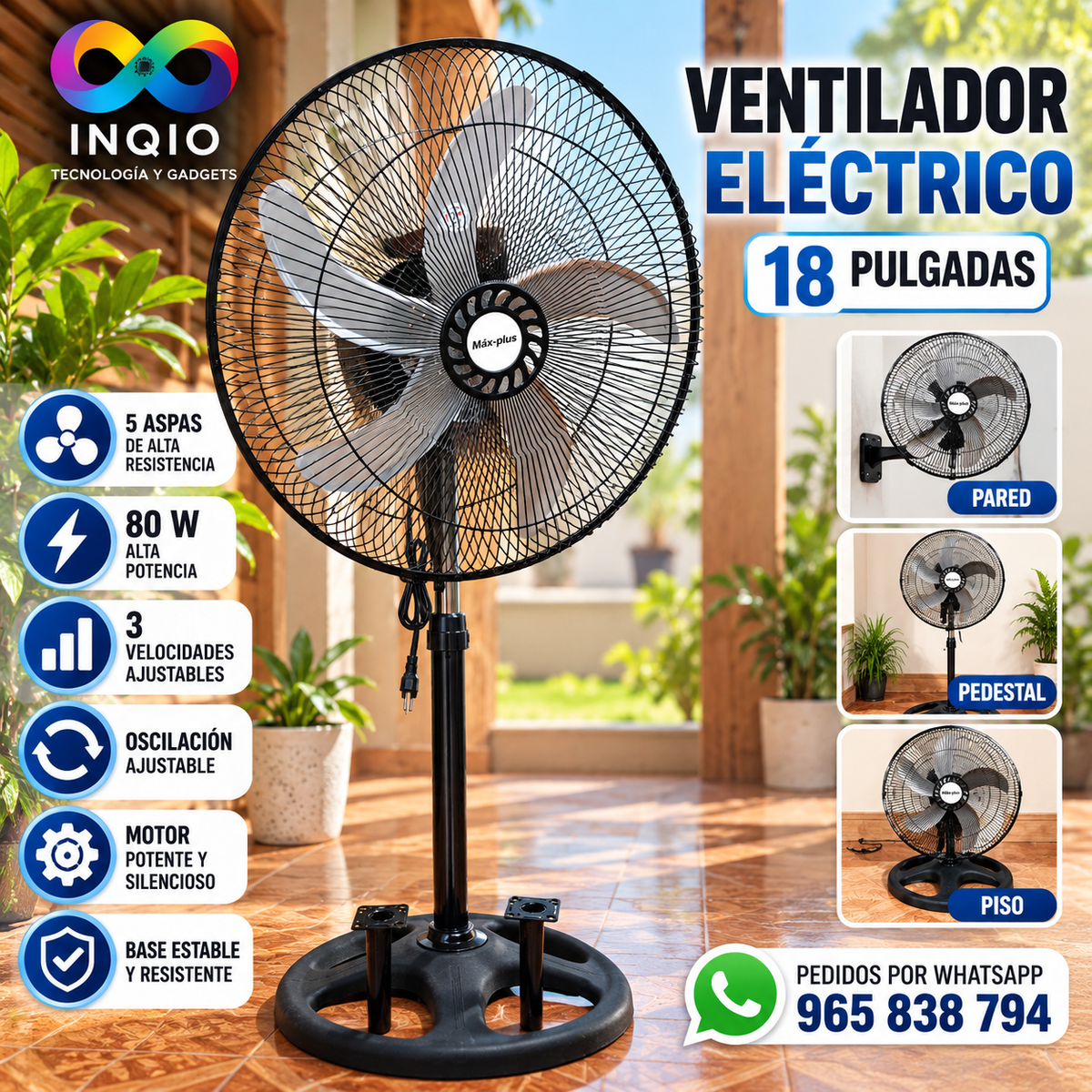 Ventilador Eléctrico 18 Pulgadas 3 en 1 | Potente 80W de Pared, Pedestal y Piso