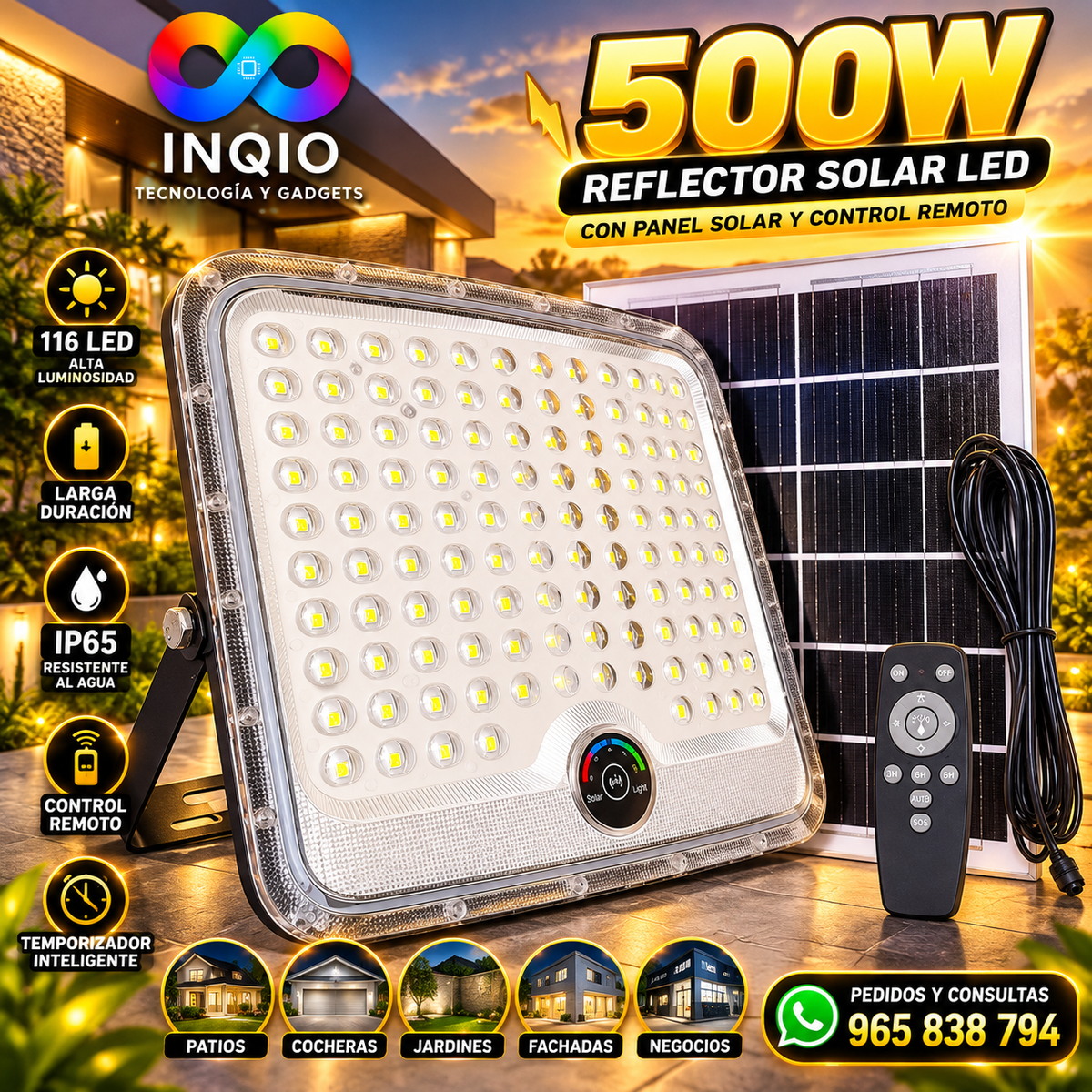 Reflector Solar LED 500W con Panel Solar y Control Remoto IP65 para Exterior