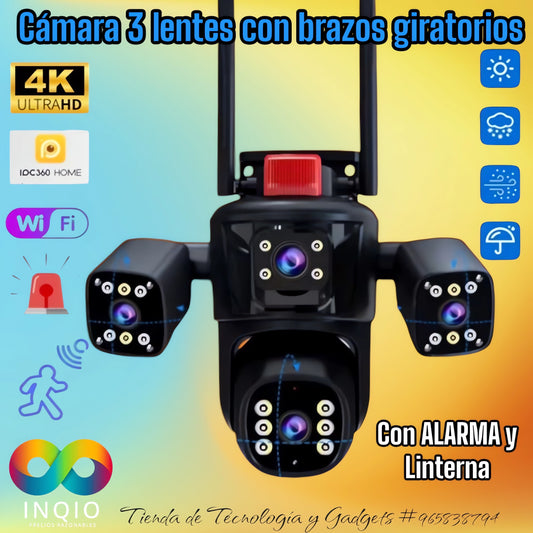 📹 CÁMARA DE SEGURIDAD CON ALARMA, LINTERNA, 3 LENTES Y BRAZOS GIRATORIOS 🔦